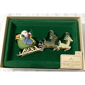 Vintage Hallmark Santa & Reindeer Brass-Plated Lacquer-Coated Ornament In Origin